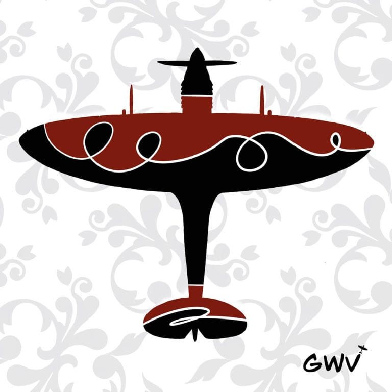 Digital illustration of a Supermarine Spitfire viewed from above, with the upper half in deep red and the lower half in black, divided by a looping white line that winds gracefully across the wings. The background features a soft gray fleur-de-lys pattern and the artist’s initials “GWV” appear in the lower right corner.